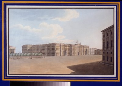 Kilátás a Téli térre a Neva Avenue-ról (Nevsky Prospect), Szentpétervár. Vaszilij Szemjonovics Szadovnyikov (1800-1879) munkája, akvarell papíron alkotó: Vasili Semenovich Sadovnikov