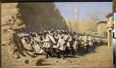 Az erődítményekhez, engedd be őket! (a csapatok összegyűjtése a csata előtt) (Az erőd falainál; engedjék be őket!) - Vaszilij Vasziljevics Verescsagin (Verescsagin) festménye (1842-1904), olaj, vászon (95x160,5 cm) alkotó: Vasili Vasilievich Vereshchagin