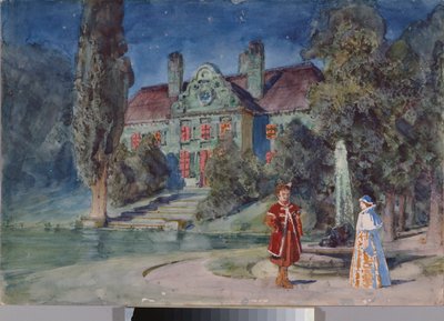 Előkészítő dekoráció, kert a ház előtt Modeste Muszorgszkij (1839-1881) "Borisz Godunov" című operájához - Modeste Muszorgszkij Borisz Godunov című operájának színpadterve - Vaszilij Dmitrijevics Polenov (1844-1927) munkája , akvarell és gouache alkotó: Vasilij Dmitrievich Polenov