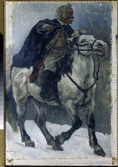 Alekszandr Szuvorov (1729-1800) lóháton. (Alexander Suvorov lóháton). Az orosz hősről azt írják, hogy az olasz hadjárat (1799-1800) során orosz csapatok élén átkel az Alpokon. Vaszilij Ivanovics Surikov festménye (Vaszilij Surik alkotó: Vasilij Ivanovic Surikov