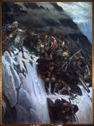 Olasz hadjárat (1799-1800): Alekszandr Szuvorov (Suwarow vagy Souwarow Rimniski vagy Rimnitskoi) (1729-1800) és az orosz csapatok felvonulása az Alpokon 1799-ben - Szuvorov menetelése az Alpokon 1799-ben - Vaszilij Ivanovics Surikov festménye alkotó: Vasilij Ivanovic Surikov