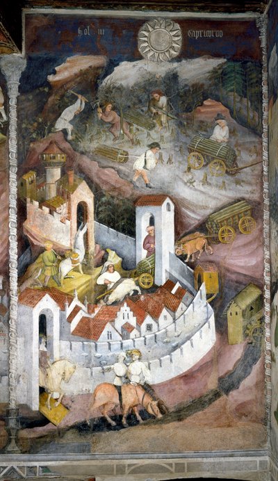 December: a fakitermelők összegyűjtik a fát, és visszahozzák Trento városába, ahol Buonconsiglio fala és vára látható. A hónapok mestere vagy Vencel mester festménye (Maestro dei Mesi vagy Maestro Wenceslao olaszul, kezdete alkotó: Venceslao Maestro