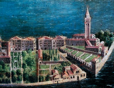 Kert a Megváltó templom mellett, részlet Velence madártávlatából, velencei iskola festménye, Olaszország alkotó: Venetian School