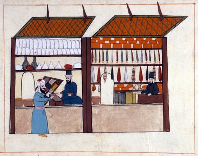Boltok (fűszerkereskedő) Konstantinápolyban, Törökországban az Oszmán Birodalom alatt. Miniatűr a „” török emlékművekből”” (Cicogna kódex 1971 „Memorie Turchesche”) Akvarell a 17. századi velencei iskolából. alkotó: Venetian School