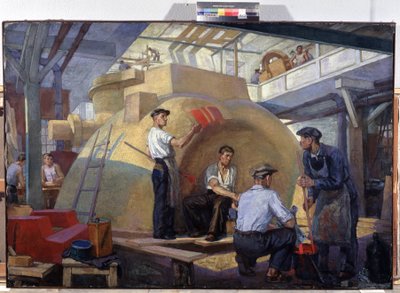 Példaértékű kivitelezés (Modellkonstrukció). Veniamin Pavlovich Belkin (1884-1951) festménye, olaj, vászon, 1930 körül. Orosz művészet, XX. század. Szovjet propaganda. Regionális M. Vrubel Művészeti Múzeum, Omszk (Oroszország) alkotó: Veniamin Pavlovich Belkin