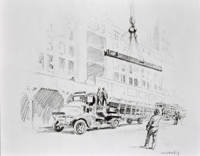 A teherautóról felcsörlőzött acélgerenda, amelyet az Empire State Building építésénél használtak fel, William Edwin Rudge kiadása. alkotó: Vernon Howe Bailey