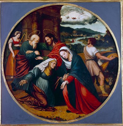 Látogatás. Szűz Mária és Szent Erzsébet találkozása. A mélyben Szent József és Zakariás. Juan Vincente Macip (1490-1550) festménye Ec. Esp. alkotó: Vicente Juan (c.1510 79) Macip