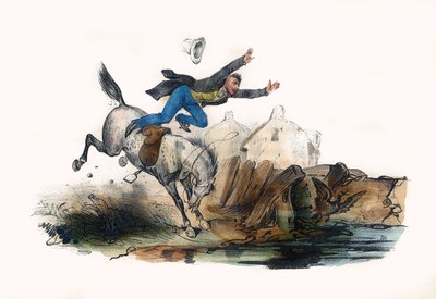 Egy lovas elesik lova rohanása után. A Groteszk albumban, a kiemelkedő típusok választása, Victor Adam illusztrációi, Párizs, 1850 körül. alkotó: Victor Adam