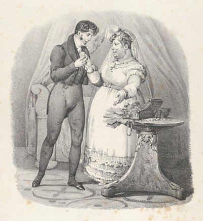 Pasas. XVIII: Végnek kell lennie! Feleségül veszem, ennek véget kell vetni! Házas vagyok, 1824. alkotó: Victor Adam