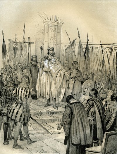 Hugues Capet (941-996) koronázása Noyonban 987-ben. Ez a koronázás jelentette a Capetiek dinasztiájának kezdetét, Franciaország királyai, akik közvetlen vagy közvetett örökösödésben 8 évig uralkodtak. Victor Adam (1801-1866) metszete a "Franciaország a kor alkotó: Victor Adam