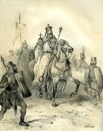 Nagy Károly császár a hatalom jelvényeit viselve, páncélos katonák élén lovagol csapatai élén. Victor Adam (1801-1866) metszete az Ardant testvérek által a 19. század közepén kiadott "Franciaország a középkorban" című könyvben. alkotó: Victor Adam