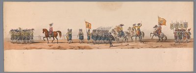 Történelmi körmenet az Utrechti Alkalmazott Tudományok Egyetemének második századik évfordulóján, 1836 (7. tábla) A holland hadsereg közeledése Ostendhez, 1600. július 3-án, a nieuwpoorti győzelem másnapján; a H ​​H Student által adott jelmezes ábrázolás s alkotó: Victor Adam