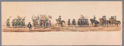 Történelmi körmenet az Utrechti Alkalmazott Tudományok Egyetemének második századik évfordulóján, 1836 (9. tábla) A holland hadsereg közeledése Ostendhez, 1600. július 3-án, a nieuwpoorti győzelem másnapján; a H ​​H Student által adott jelmezes ábrázolás s alkotó: Victor Adam