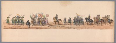 Történelmi körmenet az Utrechti Alkalmazott Tudományok Egyetemének második századik évfordulóján, 1836 (9. tábla) A holland hadsereg közeledése Ostendhez, 1600. július 3-án, a nieuwpoorti győzelem másnapján; a H ​​H Student által adott jelmezes ábrázolás s alkotó: Victor Adam