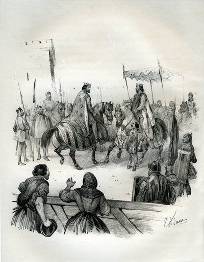 2. Henrik (a sánta és a szent néven ismert, 973-1024) német császár (Baviere hercege és Germánia királya) és 2. Pieux Róbert (970-1031), 996-tól haláláig Franciaország királya 1023-as interjúja. Robert Hugues Capet fia volt, akinek a koronázása alkotó: Victor Adam