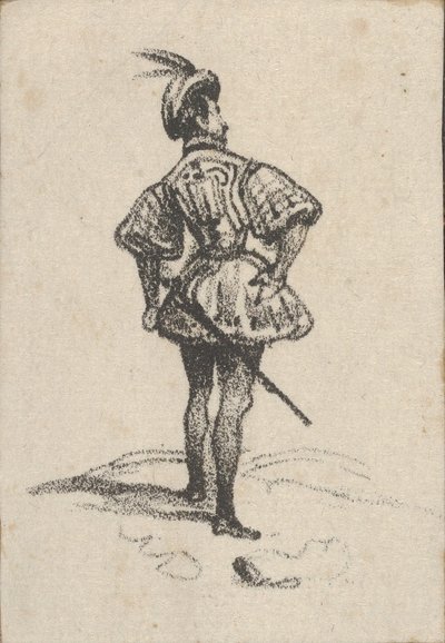 Férfi kardos, tollas kalapban, hátulról nézve, 19. század közepe. alkotó: Victor Adam