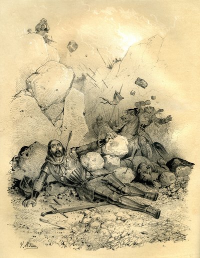 Roland, Bretagne márciusi grófja 778-ban a Ronceveaux völgyében (Pireneusok) halt meg egy vaskonok (baszkok) által vezetett különítmény által. Victor Adam (1801-1866) metszete az Ardant testvérek által a tizenkettedik század közepén kiadott "Franciaország  alkotó: Victor Adam