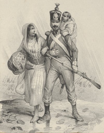 Katona nővel a karján, gyerekkel a hátán, 19. század közepe... alkotó: Victor Adam