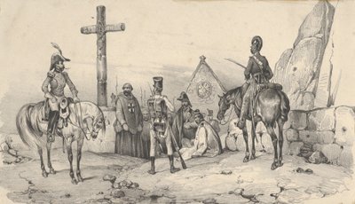 A katonák egy templom előtt gyűltek össze papokkal és egy feszülettel, 19. század közepe. alkotó: Victor Adam