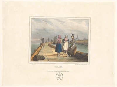 Két lány és egy katona a calais-i leszállópályán Calais (cím a tárgyon) A kikötővárosok lakóinak jelmezei (sorozat címe) Costumes de marins, dessinés dans les ports (sorozat címe) alkotó: Victor Adam