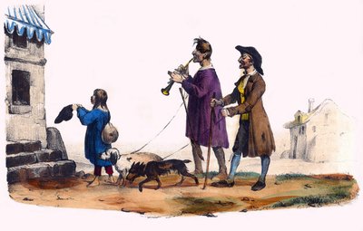 Két vak, akiket kutyák és egy koldusgyerek vezetnek. A Groteszk albumban, a kiemelkedő típusok választása, Victor Adam illusztrációi, Párizs, 1850 körül. alkotó: Victor Adam