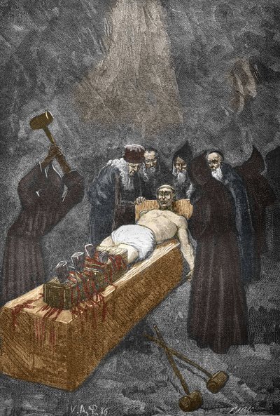 Loudun birtokosainak (Demons de Loudun) esete 1630 körül: boszorkányüldözés, Urbain Grandier (1590-1634) francia pap, aki állítólag egyezséget kötött az ördöggel, és az apácák megbabonázásával vádolja, hímzésre való kínzás - (Urbain Nagyobb, francia alkotó: Victor Armand Poirson