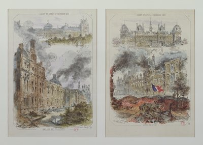 Kilátás a Tuileries-palotára és a Hotel de Ville-re az 1871-es tűzvész előtt és után alkotó: Victor Coindre