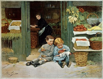 Járja be őt. Gyermek pirítóst eszik az anyjuk élelmiszerei előtt. A kislány térdén baba van. Victor Gilbert (1847-1935) festménye. Párizs, dekoratív művészet alkotó: Victor Gabriel Gilbert