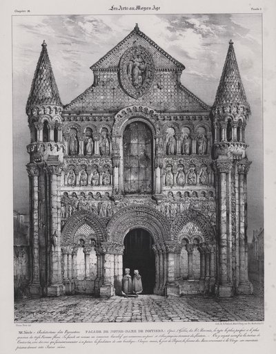 A Notre Dame la Grande templom román stílusú homlokzata, Poitiers, Franciaország (litho) alkotó: Victor Jean Baptiste (after) Petit