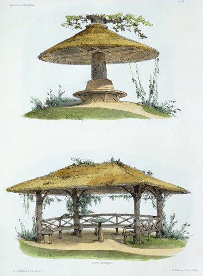 Rusztikus padok, a „Habitations Champetres”-ből, 1855 körül (kromolitográfia) alkotó: Victor Jean-Baptiste Petit