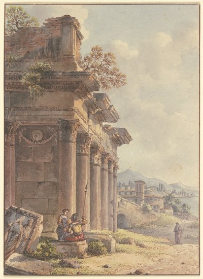 Építészeti capriccio: egy templomhomlokzat romjai, a háttérben épületekkel és öböllel tarkított táj alkotó: Victor Jean Nicolle