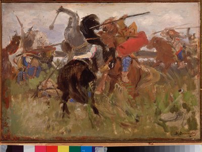 Csata a szkíták és a szlávok között, páncélos lovasok összecsapása alkotó: Victor Mikhailovich Vasnetsov