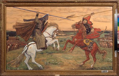 Alexander Peresvet és a tatár Chelibey (vagy Chelubey, Temir Mourza (Temir-Mourza)) párharca a Kulikovo-síkságon 1380-ban, az oroszok és az Aranyhorda csatája során (Peresvet és Temir Murza (Temir-Murza) egyharca) a Kulikovo-n alkotó: Victor Mikhailovich Vasnetsov