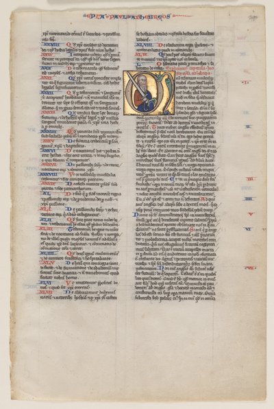 Levél iniciáléval egy latin Bibliából: Initial M: Szent Pál karddal és könyvvel alkotó: Vienna Moralized Bible Workshop