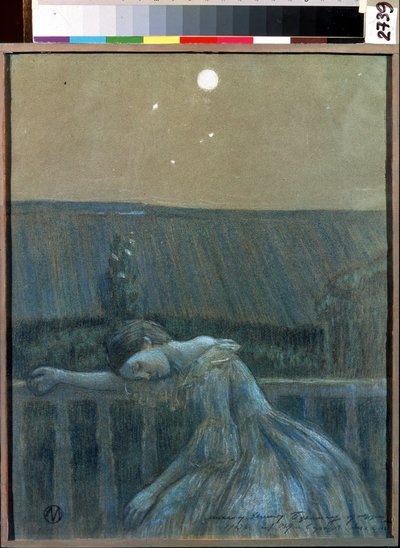""A bánat"" (Bánat) Egy kétségbeesett fiatal lány korlátnak dőlve. Viktor (Victor) akvarell és pasztell Elpidiforovics Boriszov-Muszatov (Boriszov Muszatov) (1870-1905) (szimbolika) 1903 Állami Történeti és Művészeti Múzeum Serpukhov (Serpukhov). alkotó: Viktor Elpidiforovich Borisov Musatov
