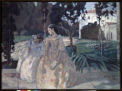 Gobelin. Két elegáns fiatal nő sétál egy gazdag birtok kertjében. Viktor (Victor) Elpidiforovics Boriszov Musatov (Boriszov-Muszatov) festménye (1870-1905). tempera vászonra alkotó: Viktor Elpidiforovich Borisov Musatov