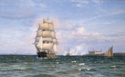 Dán bárka Kronborg vára előtt és Elsinore a távolban alkotó: Vilhelm Arnesen