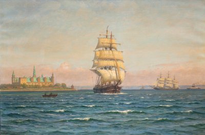 Vitorlás hajók és egy komp Kronborg előtt. alkotó: Vilhelm Arnesen