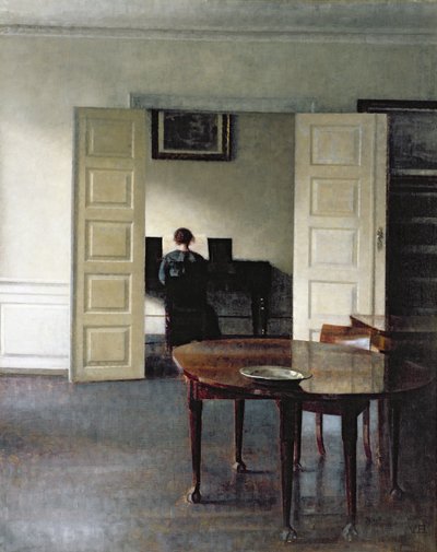 Belső tér egy zongorázó nővel, 1910 alkotó: Vilhelm Hammershoi