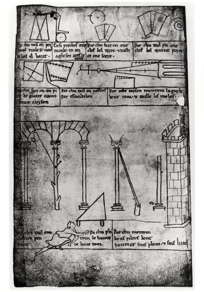Ms.Fr.19093 fol.20v Geometriai alakzatok építkezéshez, boltívek és toronymagasságot mérő ember (fakszimile másolat) alkotó: Villard de Honnecourt