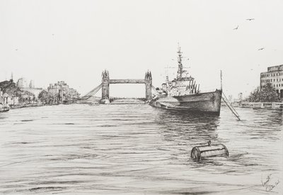 HMS Belfast a Temze folyón London, 2006, (Tinta a papíron) alkotó: Vincent Alexander Booth