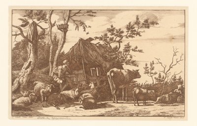Ülő pásztor szarvasmarhával egy elhagyatott istálló előtt alkotó: Vincent Jansz. van der Vinne