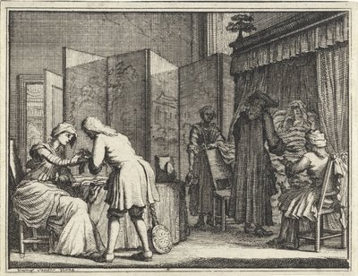 Egy betegágy körüli alakok és egy orvos, aki összeköt egy nőt alkotó: Vincent Laurensz. van der Vinne (II)