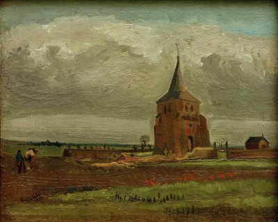 A régi temető tornya Nuenenben egy szántó gazdával alkotó: Vincent van Gogh