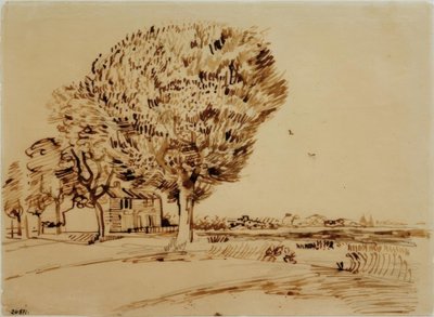 Táj házzal és fákkal alkotó: Vincent van Gogh