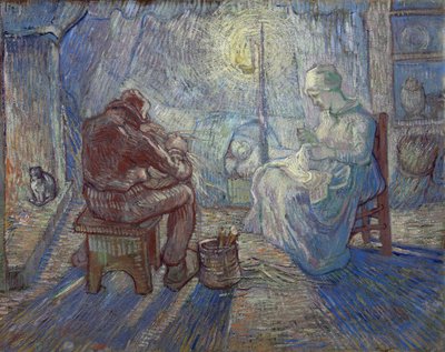 "Éjszakai" (éjszakai) paraszti család egy belső térben – Vincent van Gogh (1853-1890) festménye Millet után alkotó: Vincent van Gogh
