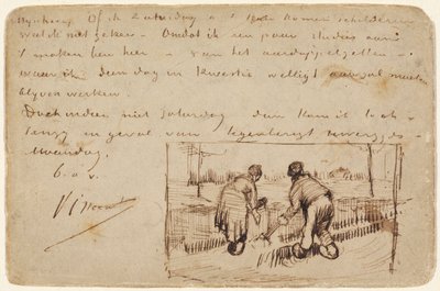 Képeslap két paraszt ásással, 1885 (toll és barna tinta egy képeslapon) alkotó: Vincent van Gogh