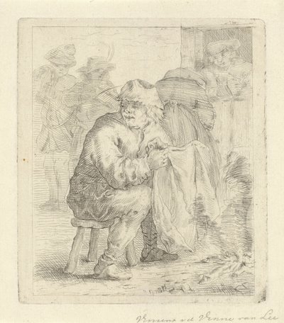 Férfi egy zsámolyon a tűz mellett alkotó: Vincent van der Vinne van Lee (signed by artist)