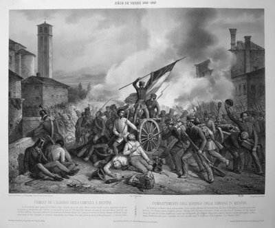 Az albergo della campanai csata Mestre-ben 1848. október 27-én Velence 1848-99-es ostroma alatt (litho) alkotó: Vincenzo (after) Giacomelli