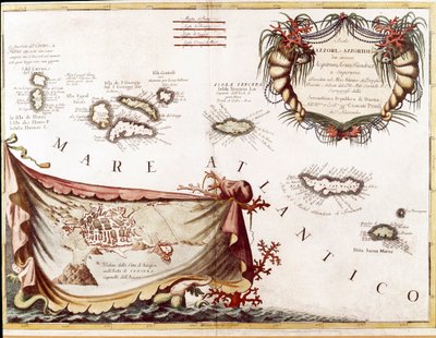 Kilátás az Azori-szigetek szigetvilágára az Atlanti-óceánon (metszet alkotó: Vincenzo Maria Coronelli
